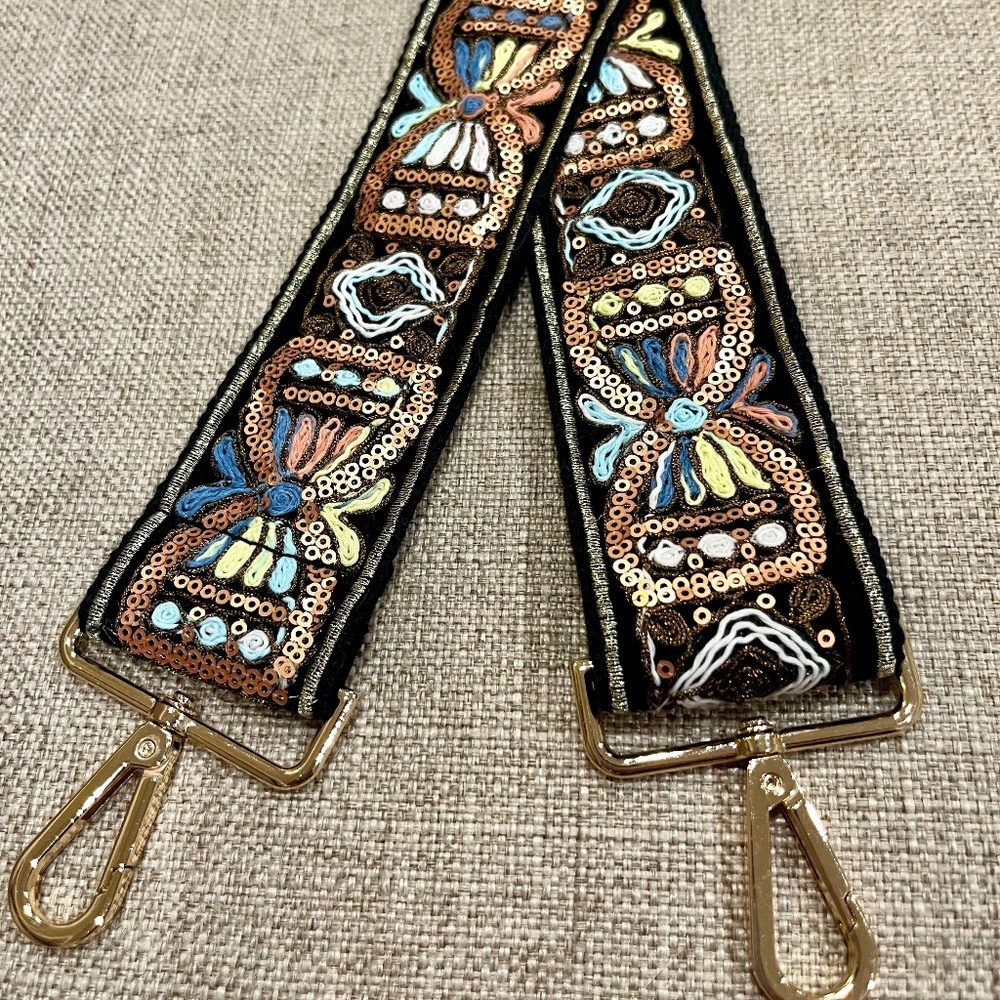 Embroidered Crossbody Bag Strap with Gold Hardware